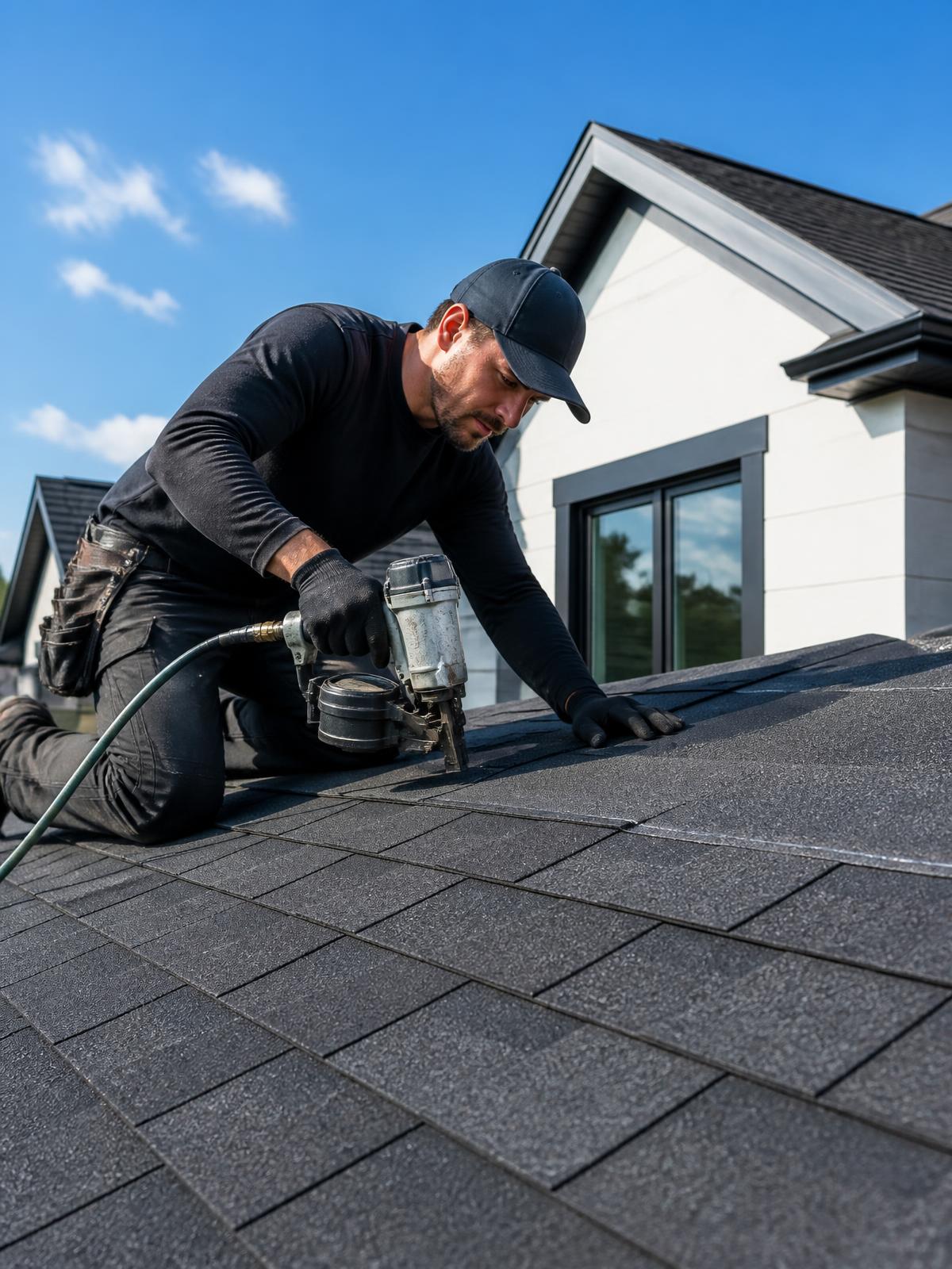 Professional roofing contractor installing high-quality asphalt shingles